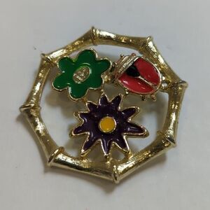Vintage Gold RNK Floral Brooch Painted Purple, Green, & Red Lady Bug.
